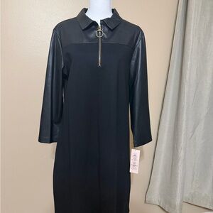 Black Faux Leather Trim Long Sleeve Shift Dress | NWT | Size 14